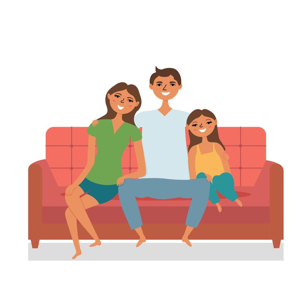 glückliche familie, die auf der couch sitzt und fernsieht. gemütlicher familienkreis mama papa tochter. Vektor editierbare Illustration