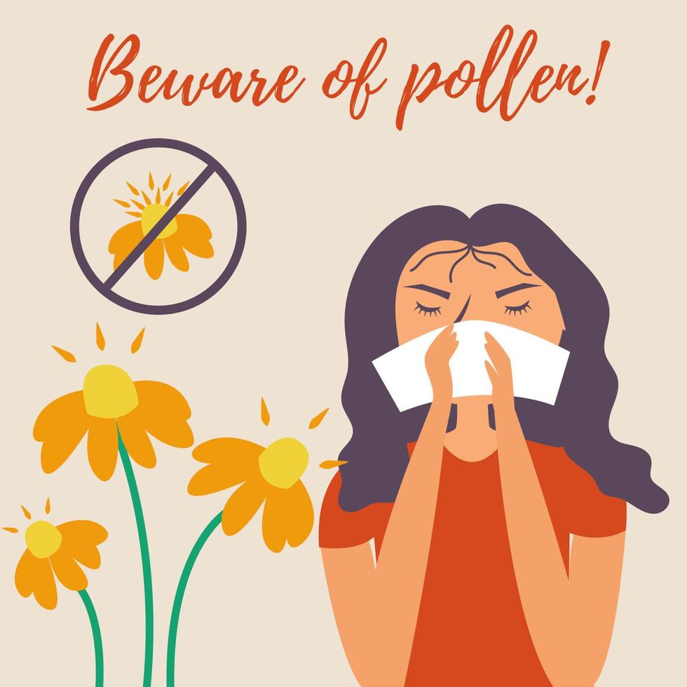 Mädchen mit Taschentuch niest. Allergie. laufende Nase. Allergie gegen Blütenpollen. Achten Sie auf Pollen vektor