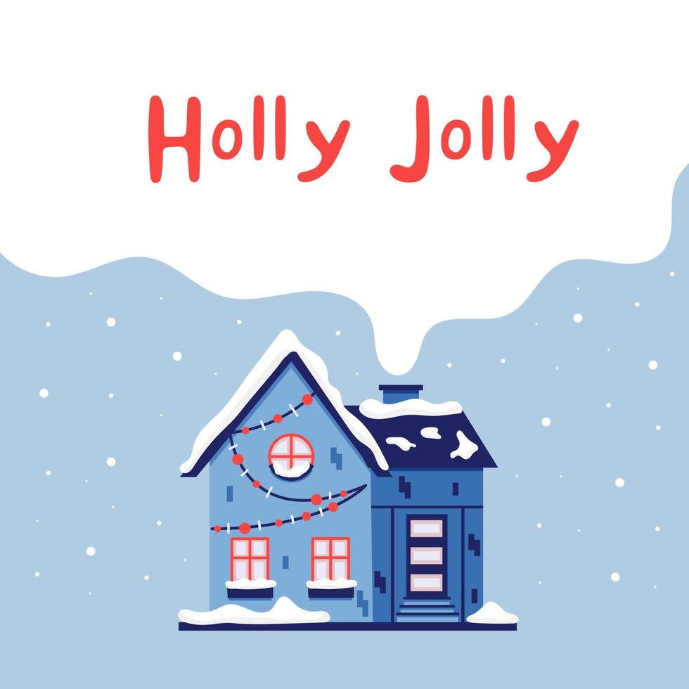 jul hus med skorsten holly jolly. nytt år gratulationskort. vektor illustration i blå nyanser