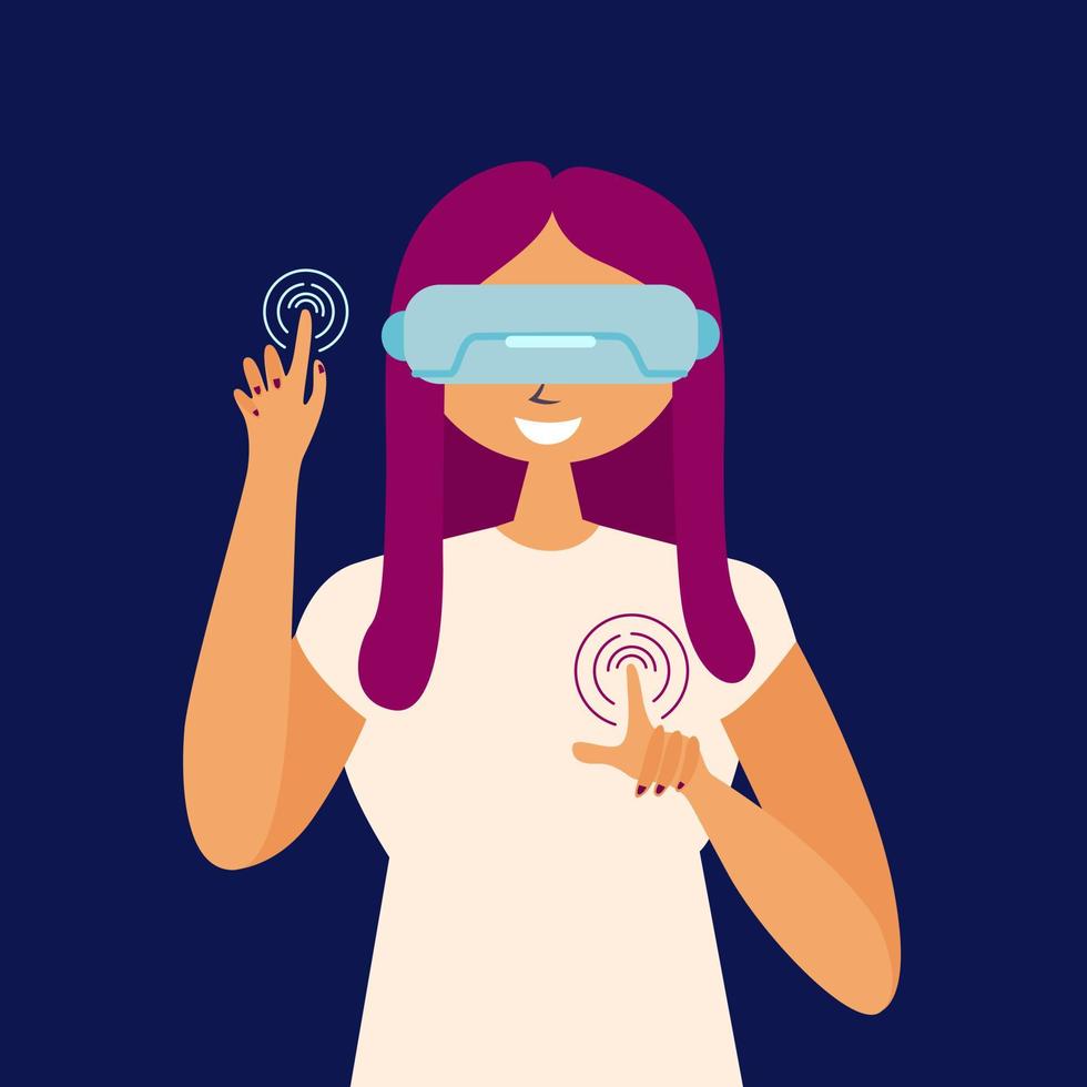 Mädchen steuert Virtual-Reality-Brille. berühren Sie den Sensor mit Ihrem Finger. Technologischer Durchbruch. Tauchen Sie ein in den Cyberspace vektor