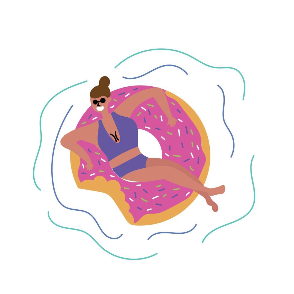 flickan simmar och ligger på en uppblåsbar cirkel i form av en munk. massturism. inspirera till att resa vektor