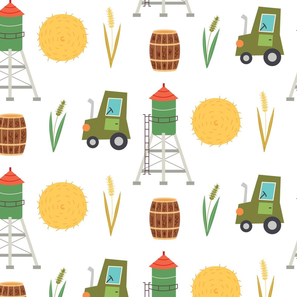 nahtlose Muster Wasserturm Heuhaufen Traktor Weizen vektor