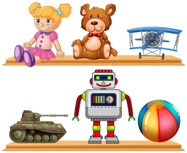 Verschiedene Arten von Spielzeug auf Holzregal vektor