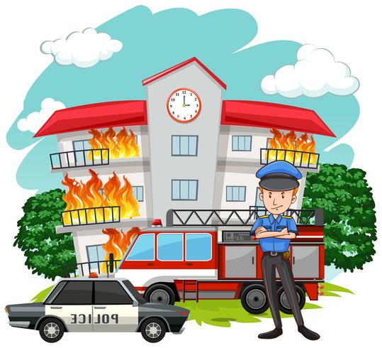 Polizist und Feuer im Gebäude vektor