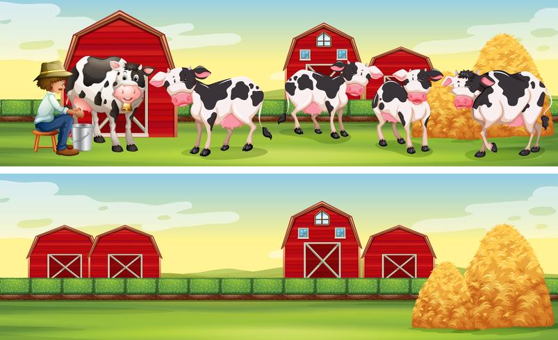 Landwirt und Kühe auf dem Bauernhof vektor