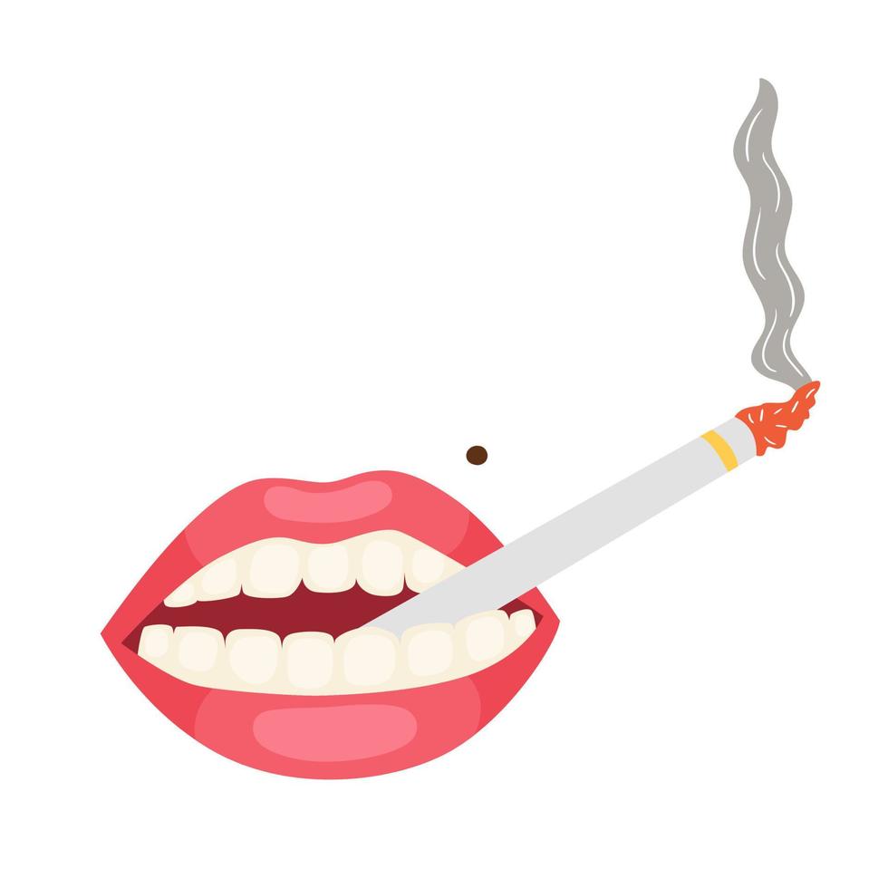 rosa Lippen mit einer Zigarette im Mund. Zigarettenrauch aus einer dünnen Zigarette. Damen Zigarren. Vektor editierbare Illustration