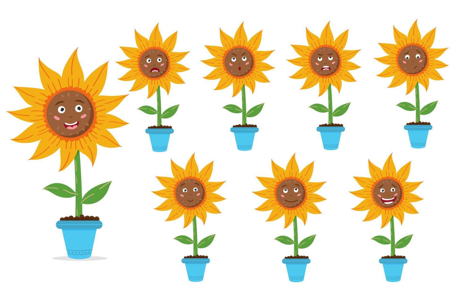 Satz Sonnenblumen in einem Topf. sonnige Blumen mit Samen. Reihe von Emotionen. Vektor editierbare Illustration