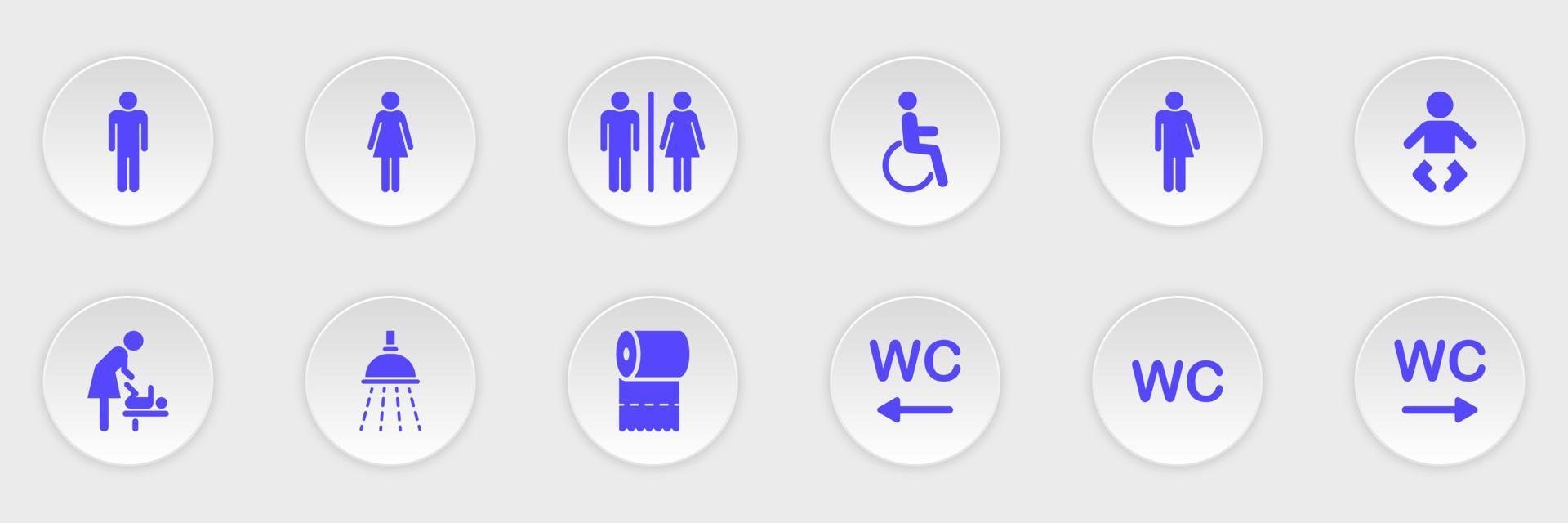 uppsättning toalett siluett ikon. wc-skylt på dörren för offentlig toalett. tecken på tvättrum för män, kvinnor och barn. mor och baby rum ikon. symboler toalett. vektor illustration.