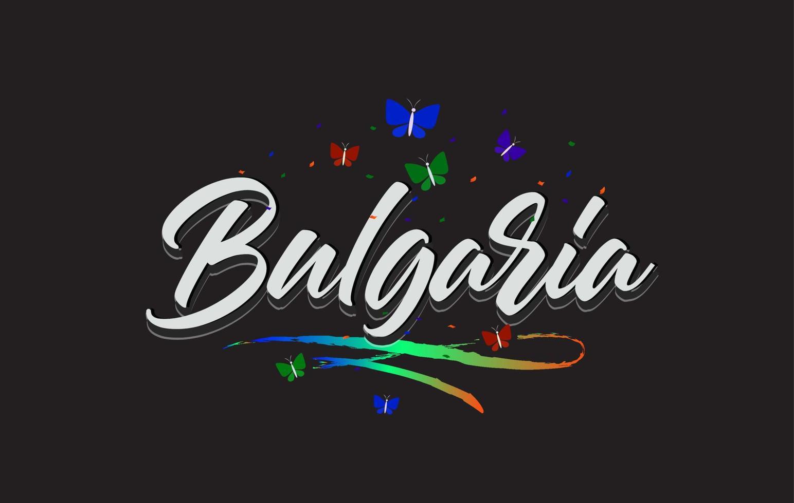 vit bulgarien handskriven vektor ordtext med fjärilar och färgglada swoosh.