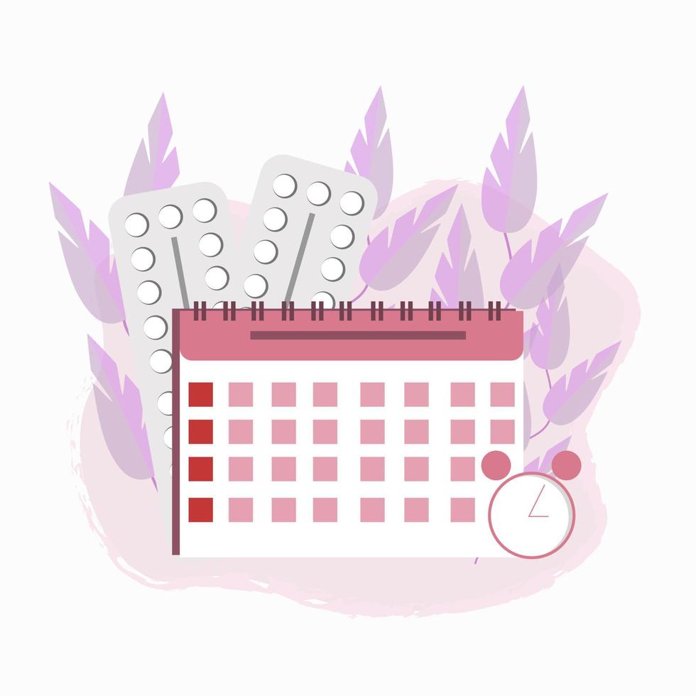 Verhütungskalender für Frauen und Blister Stock Vector Illustration. grafische komposition aus medizinischer, gynäkologischer gesundheitsversorgung, geburtsplanungskonzept. flaches Design isoliert auf weißem Hintergrund