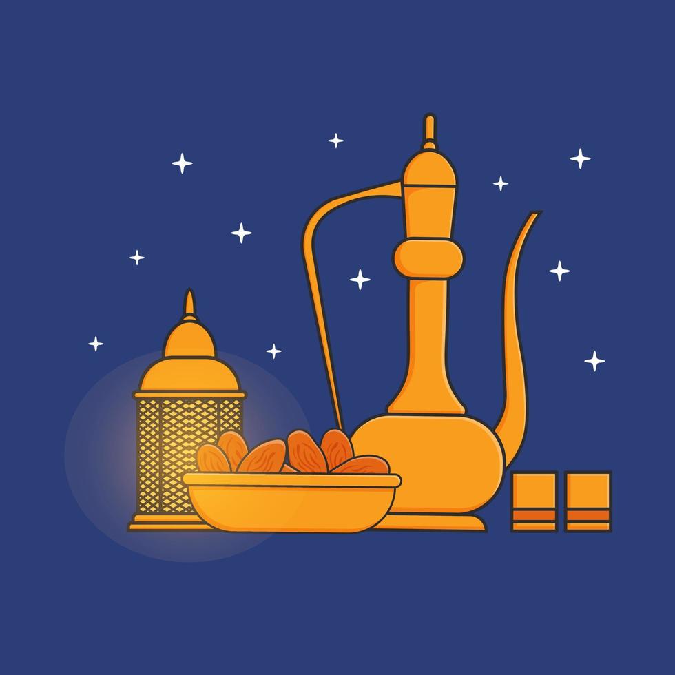 ramadhan-laterne, teekanne, dattelikonen-karikaturillustration lokalisiertes objekt vektor