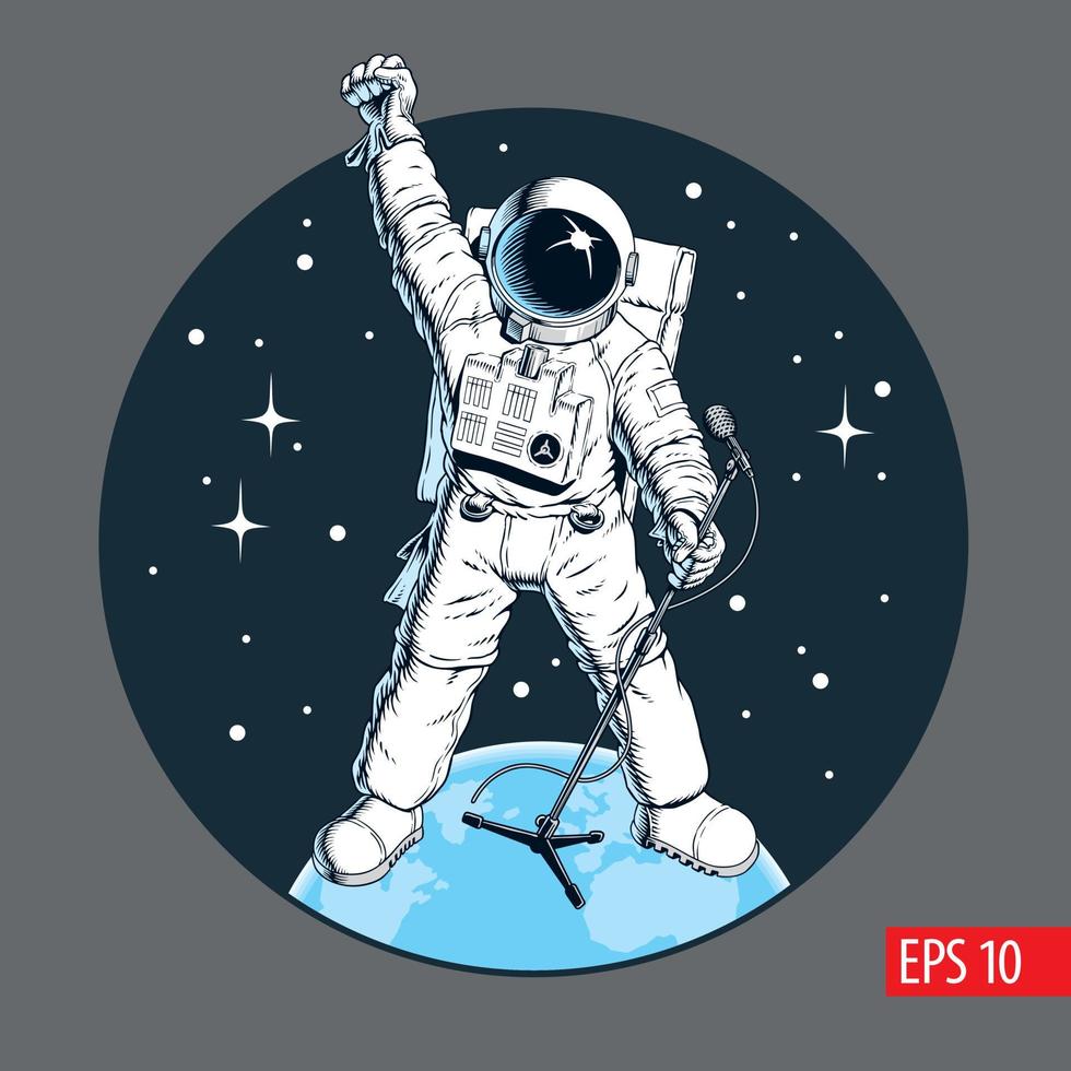 Astronaut singt mit Mikrofon, Rockstar im Weltraum. Raumfahrer, der auf der Erde steht. Rock- oder Pop-Poster, Karaoke-Konzept. Comic-Stil-Vektor-Illustration. vektor