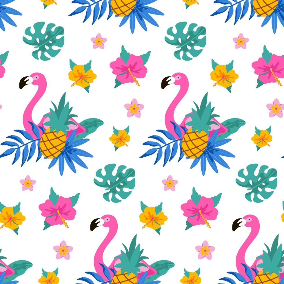 hand gezeichnetes tropisches nahtloses muster mit flamingo, palme, monsterablättern und ananas auf weißem hintergrund. Vektor-Illustration vektor