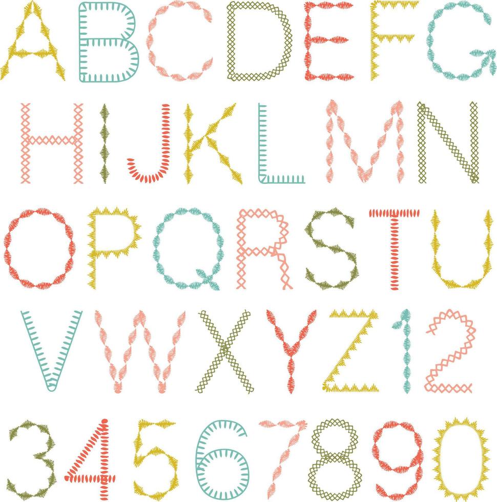 handgenähter Vektor bunter Alphabet-Schriftart