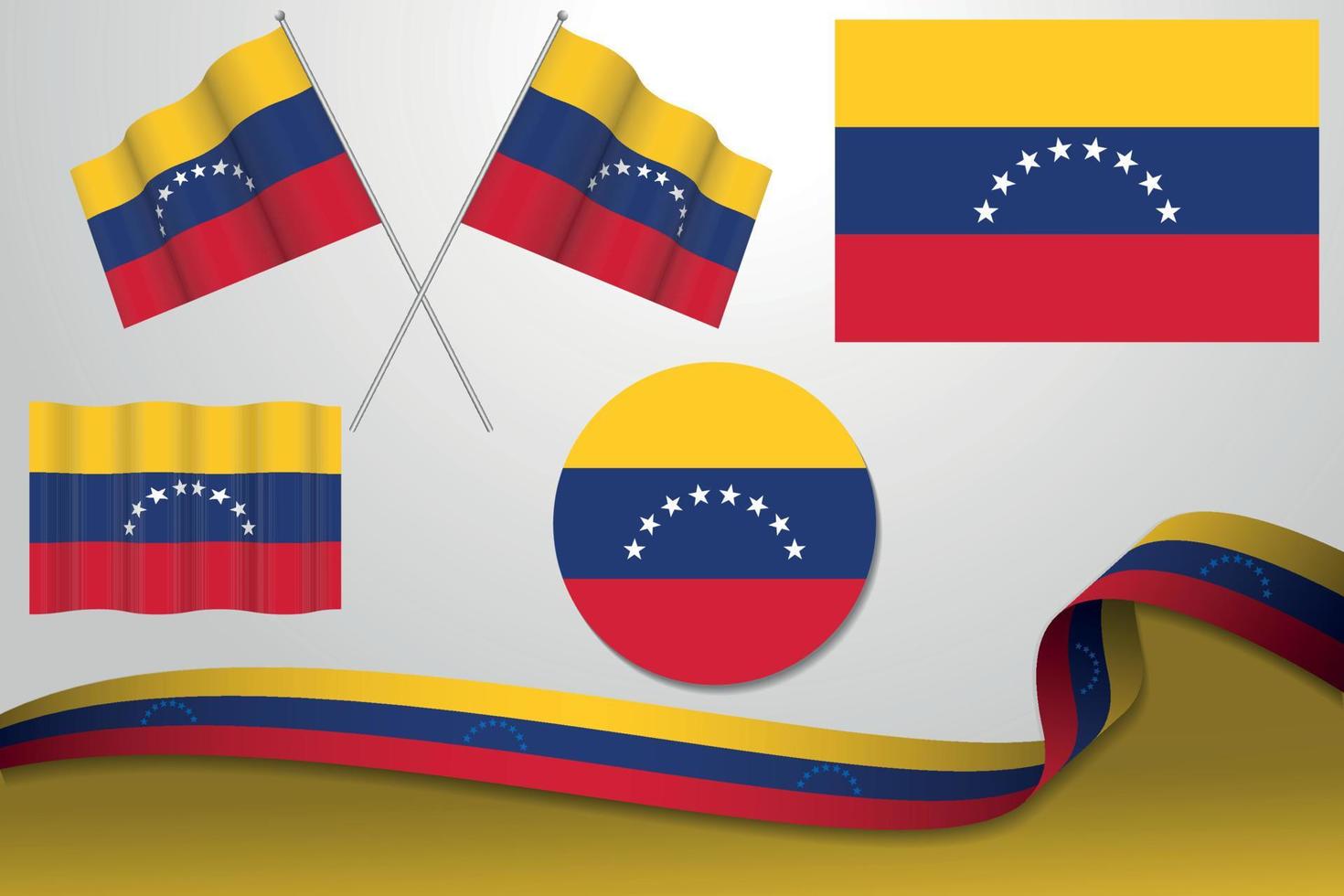 satz von venezuela-flaggen in verschiedenen designs, symbol, häutende flaggen mit band mit hintergrund. vektor