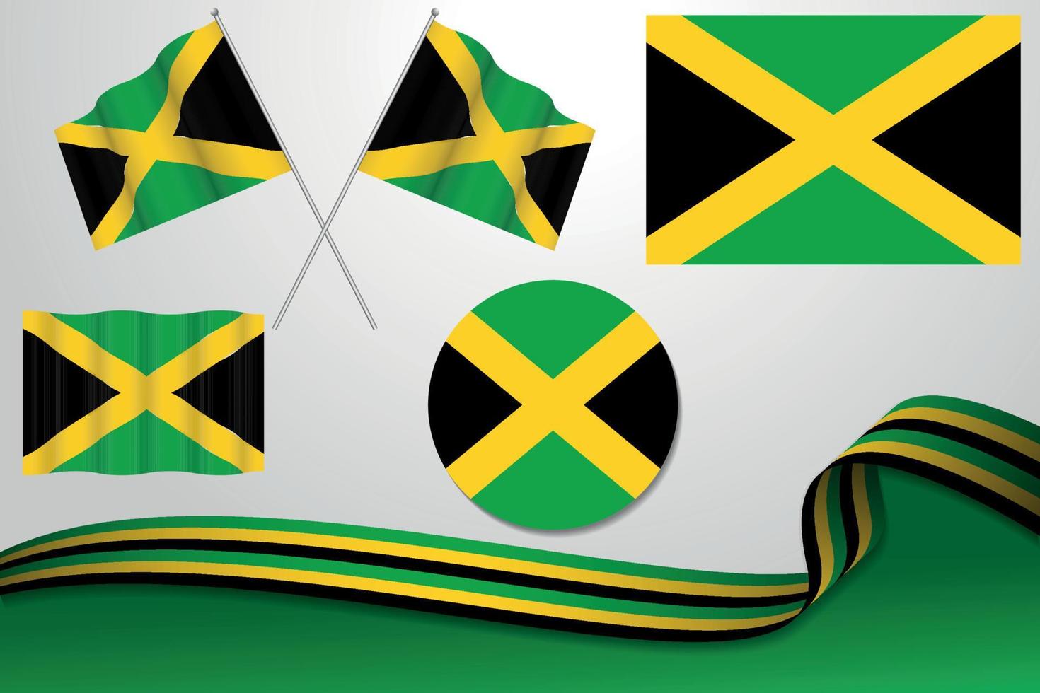 satz von jamaika-flaggen in verschiedenen designs, symbol, enthäutende flaggen mit band mit hintergrund. vektor