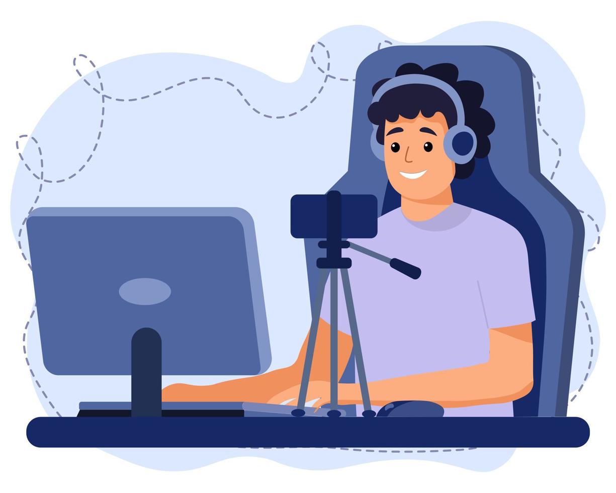 illustration, der typ ist ein online-radiomoderator, leitet ein webinar mit einem mikrofon und beantwortet anrufe. blaue Farben. Symbol, Vektor