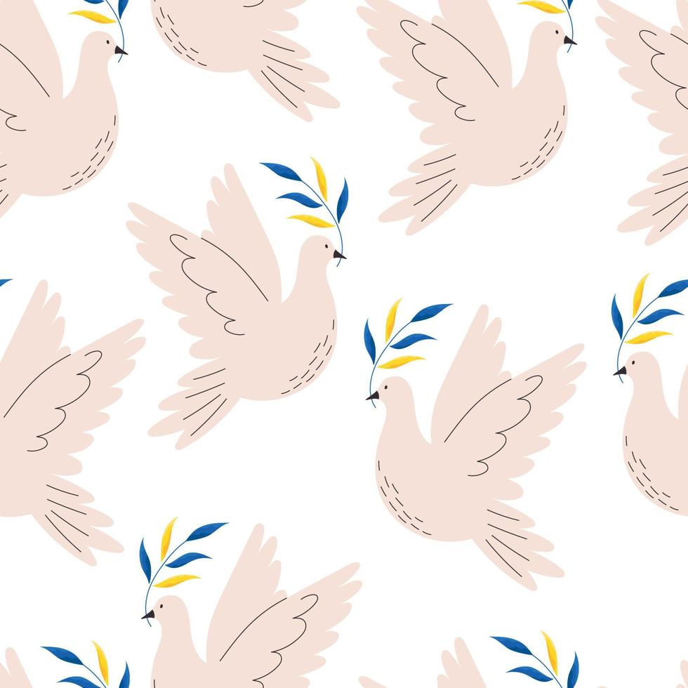 Taubenfliegen mit Niederlassung in den Farben der ukrainischen Flagge, flache nahtlose Musterillustration auf weißem Hintergrund. Taubenvogel als Symbol des Weltfriedens und der Freiheit für die Ukraine während des Krieges. vektor