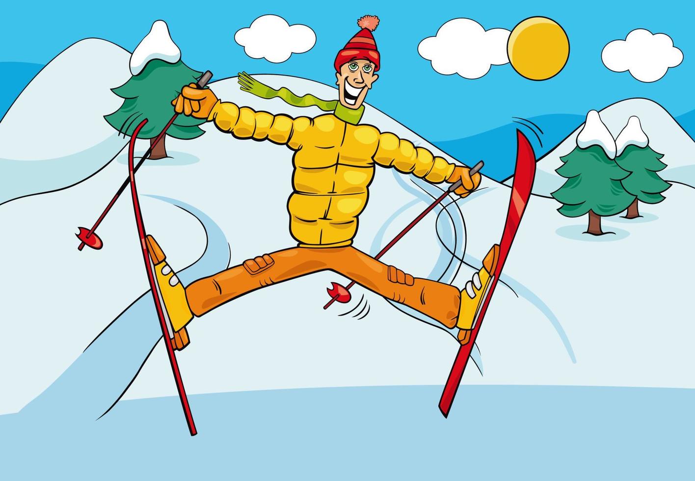 Cartoon-Mann-Charakter Skifahren im Winter vektor