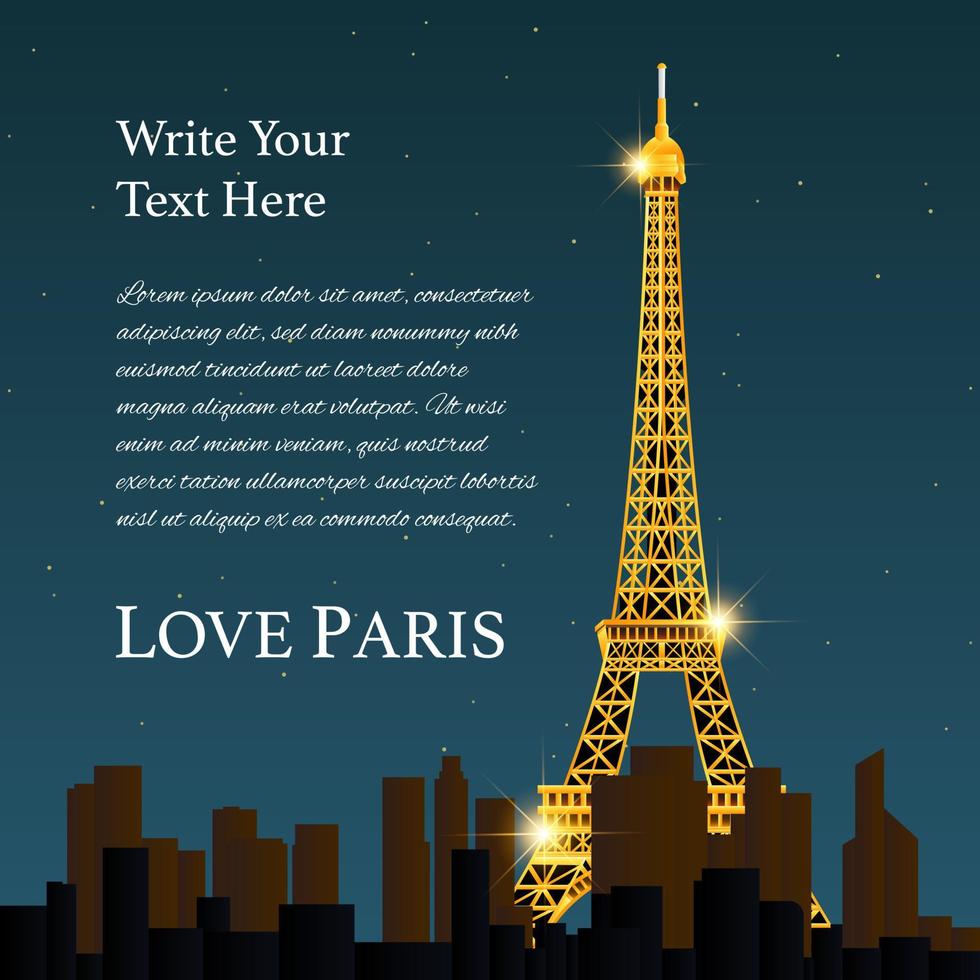 vektor illustration av Eiffeltornet i Paris stad på natt scen bakgrund