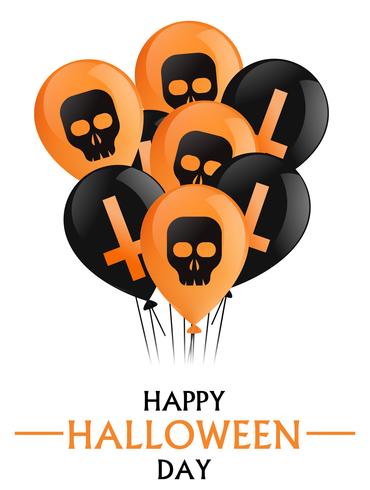 Glad Halloween dag. En armfull svarta och orange ballonger med kors och skallar. Vektor platt illustration