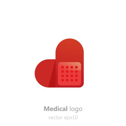 Concept Medical logotyp. Självhäftande patchin i form av hjärta. Logotyp för klinik, sjukhus eller läkare. Vektor platt lutningillustration