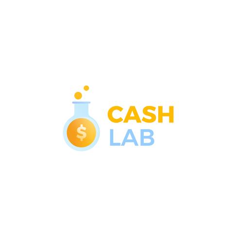 Cash Lab-Logo. Ein Labor verdient Geld. Ein Reagenzglas mit einer Dollarmünze. vektor