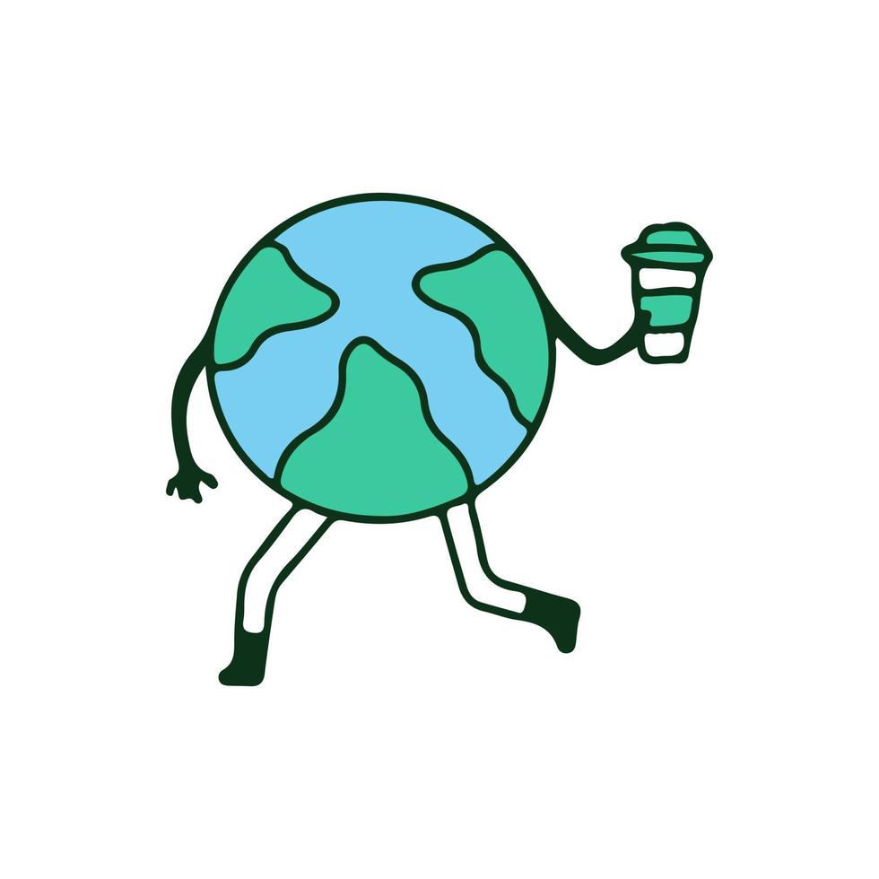 jorden planet håller en kopp kaffe, illustration för t-shirt, klistermärke eller kläder varor. med retro tecknad stil. vektor