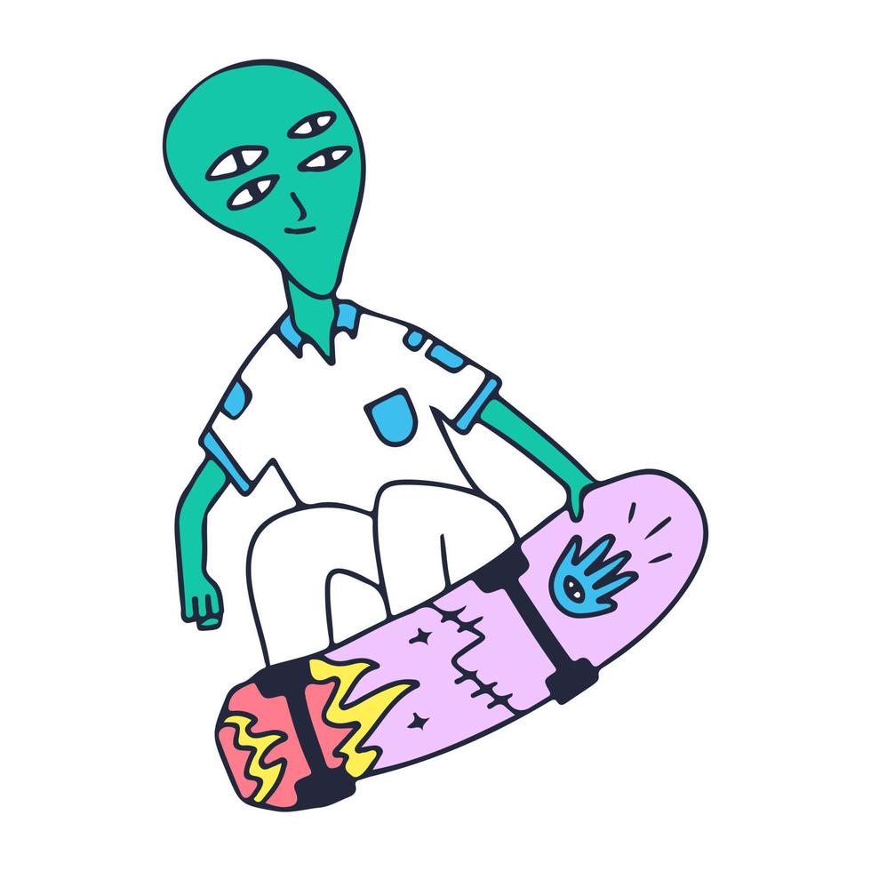 alien mit vier augen freestyle mit skateboard, illustration für t-shirt, aufkleber oder bekleidungswaren. mit Doodle-, Retro- und Cartoon-Stil. vektor