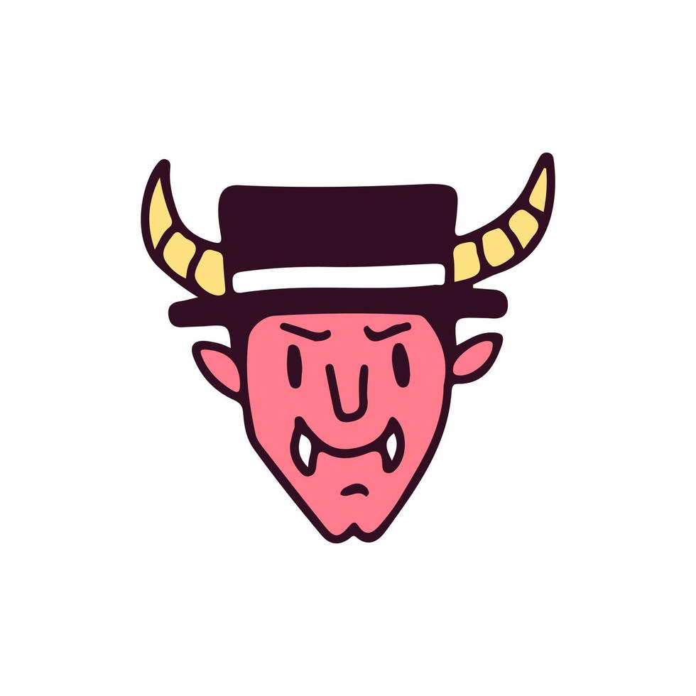 djävulshuvud med vintage hatt, illustration för t-shirt, klistermärke eller klädesplagg. med doodle, retro och tecknad stil. vektor