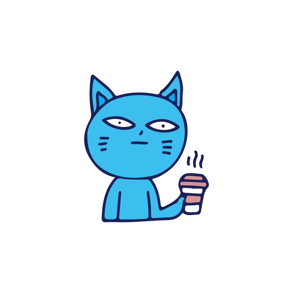 seltsame katze, die tasse kaffee, illustration für t-shirt, aufkleber oder bekleidungswaren hält. mit Doodle-, Retro- und Cartoon-Stil. vektor