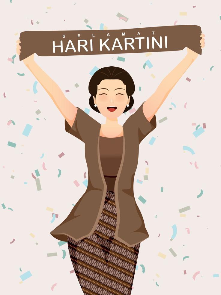 selamat hari kartini betyder glad kartini-dag. kartini är en indonesisk kvinnlig hjälte. habis gelap terbitlah terang betyder efter mörkret kommer ljus. vektor illustration.