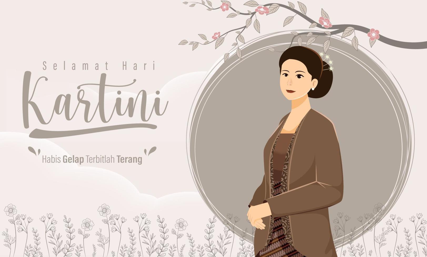 Selamat Hari Kartini bedeutet glücklicher Kartini-Tag. Kartini ist eine indonesische Heldin. habis gelap terbitlah terang bedeutet, dass nach der Dunkelheit Licht wird. Vektor-Illustration. vektor