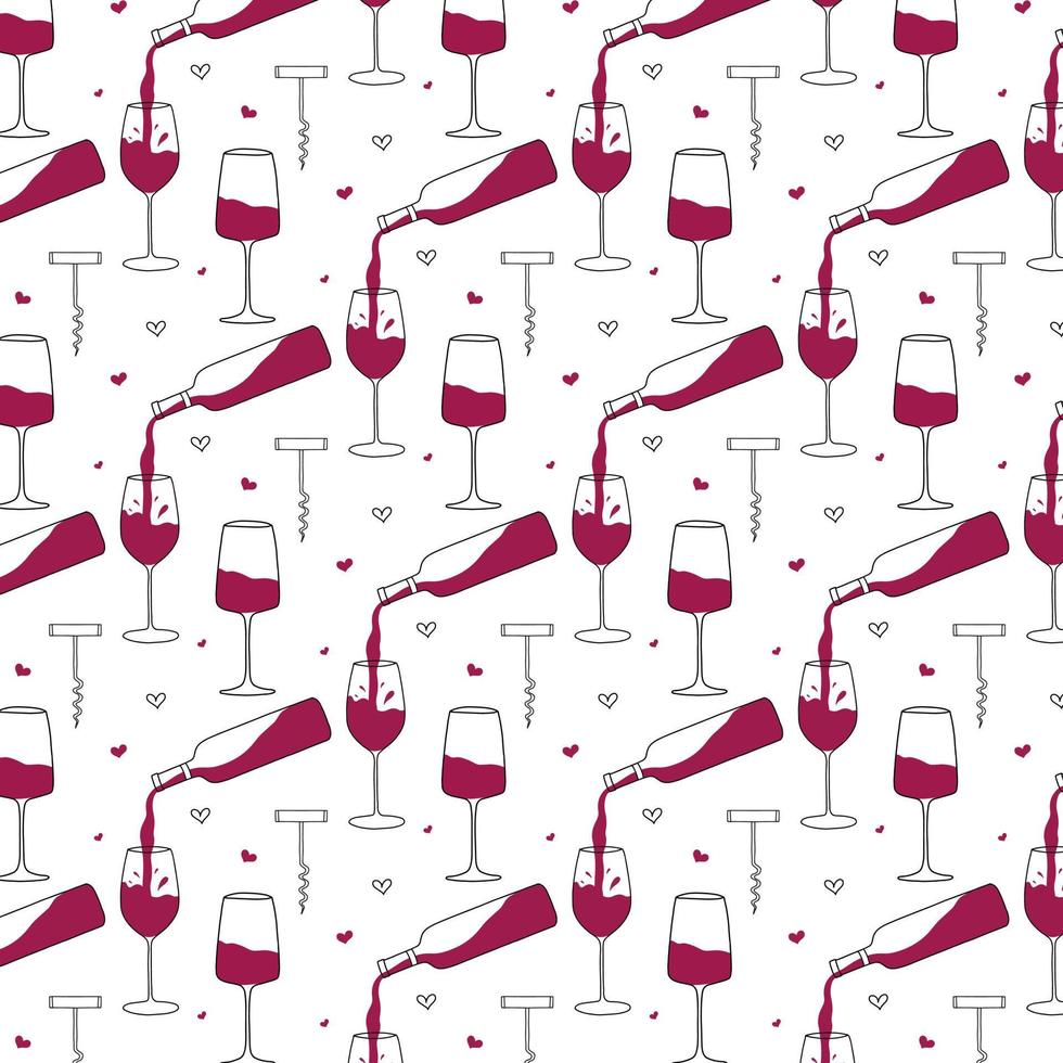 Vektormuster mit Glas und Flasche Rotwein. Muster mit Korkenzieher und Wein. Doodle-Stil. vektor