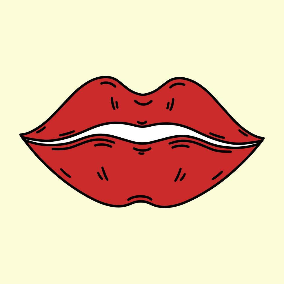 Vektorsymbol für helle Kusslippen. handgezeichnete Vintage-Illustration. weiblicher mund mit rotem lippenstift bemalt. Retro-Hippie-Druck für Dekoration, T-Shirt-Design, Aufkleber, Karte. flaches Gekritzel im Stil der 70er Jahre vektor