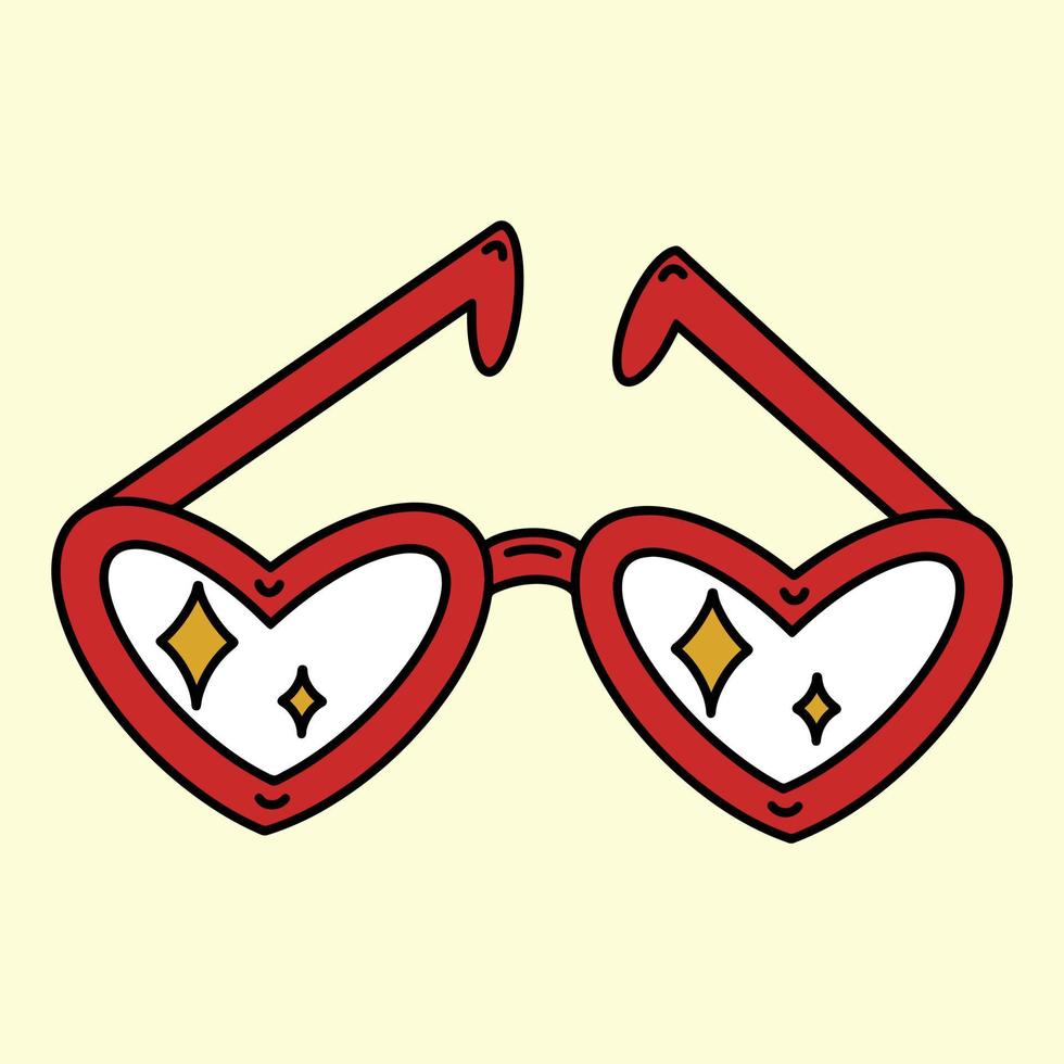 Vektorsymbol für herzförmige Brille. hand gezeichnete mode isolierte illustration. süße romantische Brille, Vintage-Cliparts für Dekoration, T-Shirt-Design, Aufkleber, Karte. helles flaches Gekritzel im Stil der 70er-90er Jahre vektor