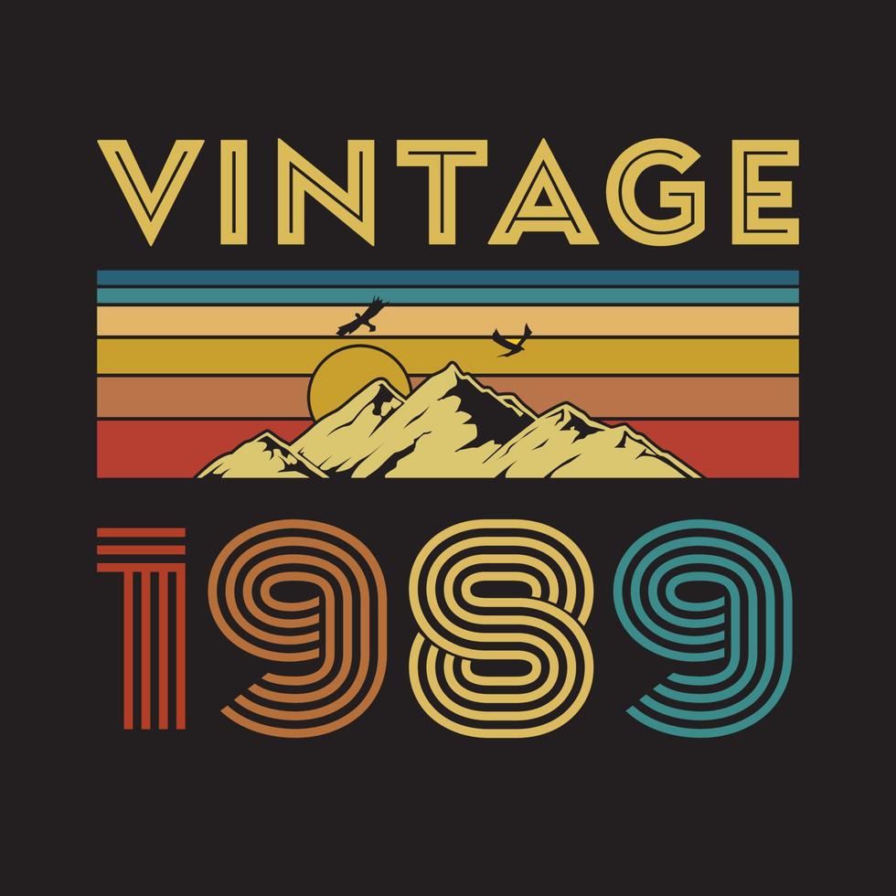 1989 Vintage Retro-T-Shirt-Design, Vektor, schwarzer Hintergrund vektor