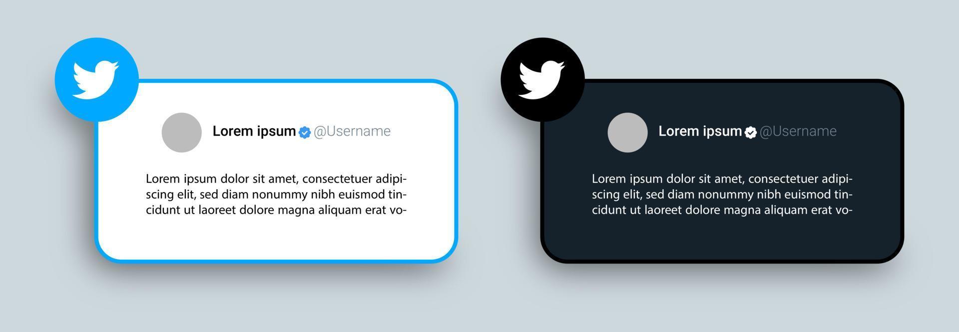 Twitter-Beitragsvorlage im hellen und dunklen Thema. bearbeitbarer Text und leeres Profilbild in Tweet-Posts. vektor