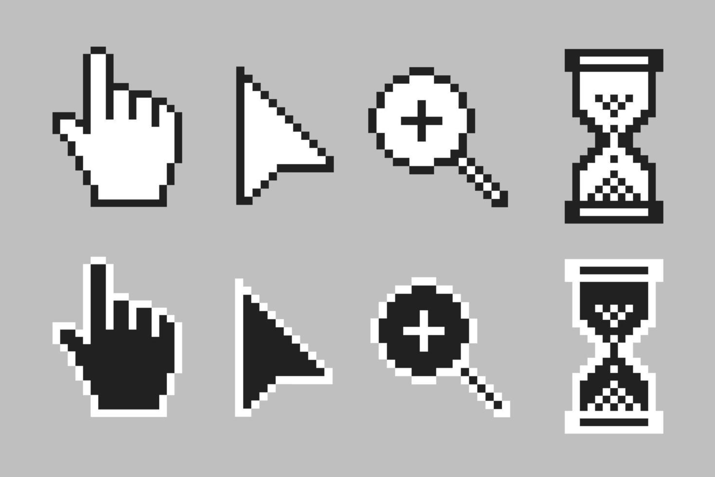 Schwarz-Weiß-Pfeil, Hand, Lupe und Sanduhr-Pixel-Maus-Cursor-Symbole, Vektorgrafik-Set vektor