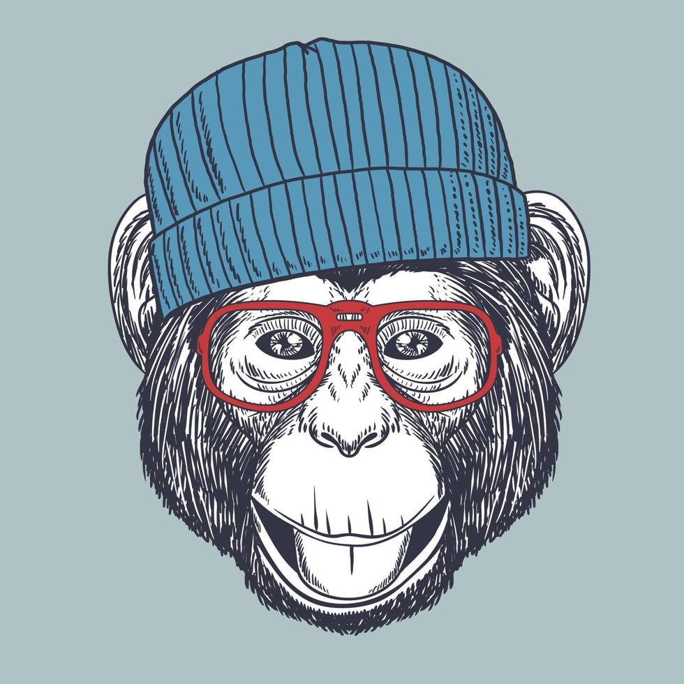 schimpans apa handritad bär en röd glasögon och mössa vektor