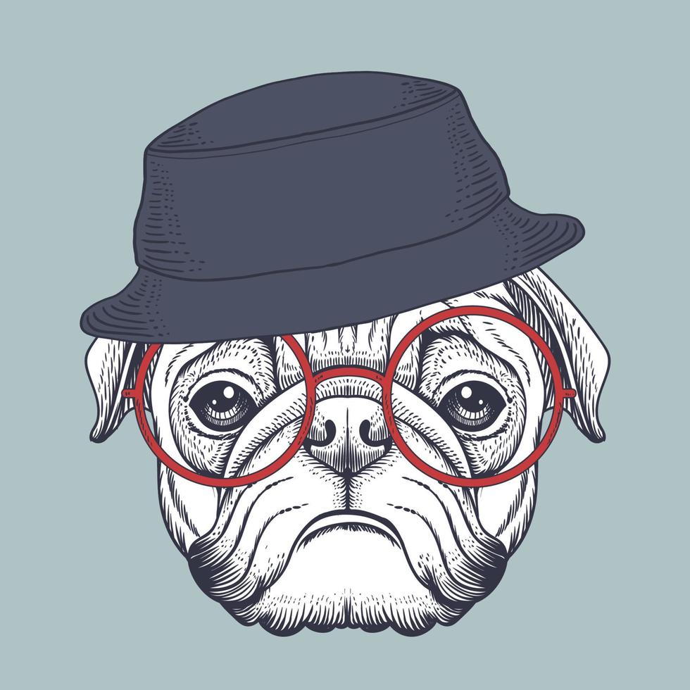 mops hund handritad bär en röd glasögon och hink hatt vektor