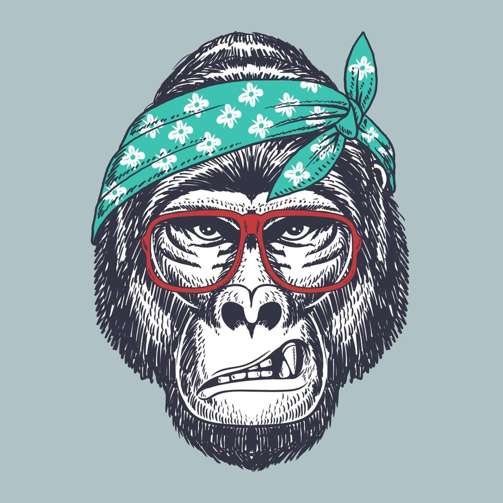 Gorilla handgezeichnet mit roter Brille und Bandana vektor