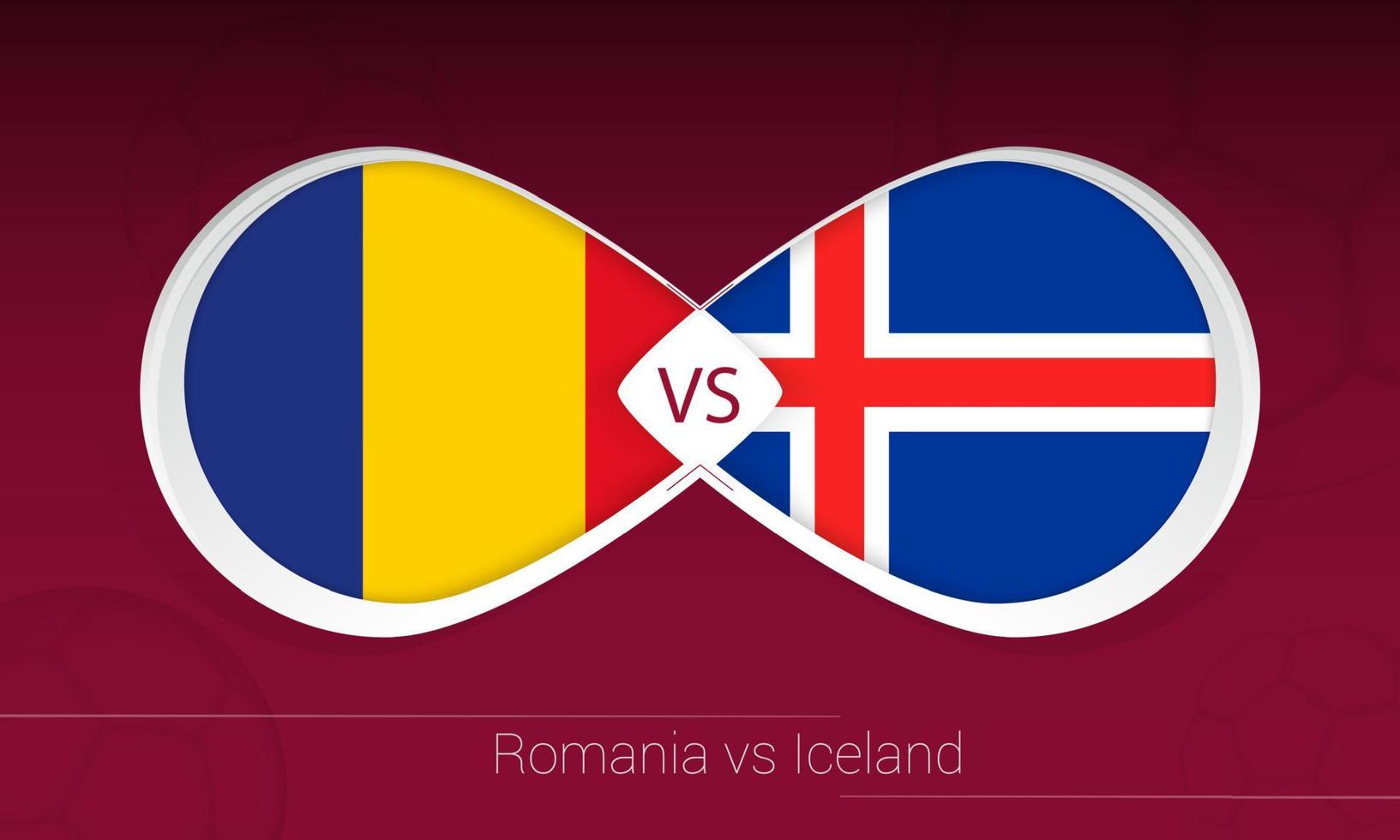 Rumänien gegen Island im Fußballwettbewerb, Gruppe j. gegen Symbol auf Fußballhintergrund. vektor