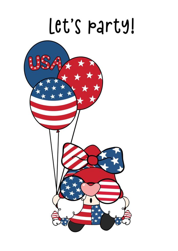 söt glad amerika gnome flicka firar självständighetsdagen håller nationsballonger och USA flagga, söt rolig tecknad teckning vektor banner.