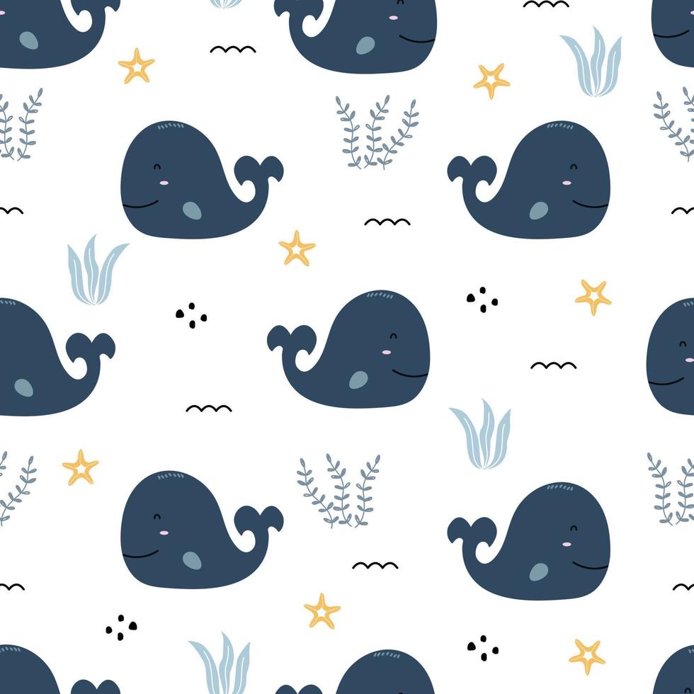 Baumschule Musterdesign Wal im Meer handgezeichnetes Design im Cartoon-Stil für Textilien, Drucke, Tapeten, Vektorillustration vektor