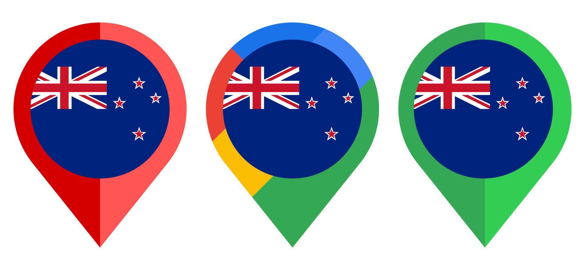 Flaches Kartenmarkierungssymbol mit neuseeländischer Flagge isoliert auf weißem Hintergrund vektor