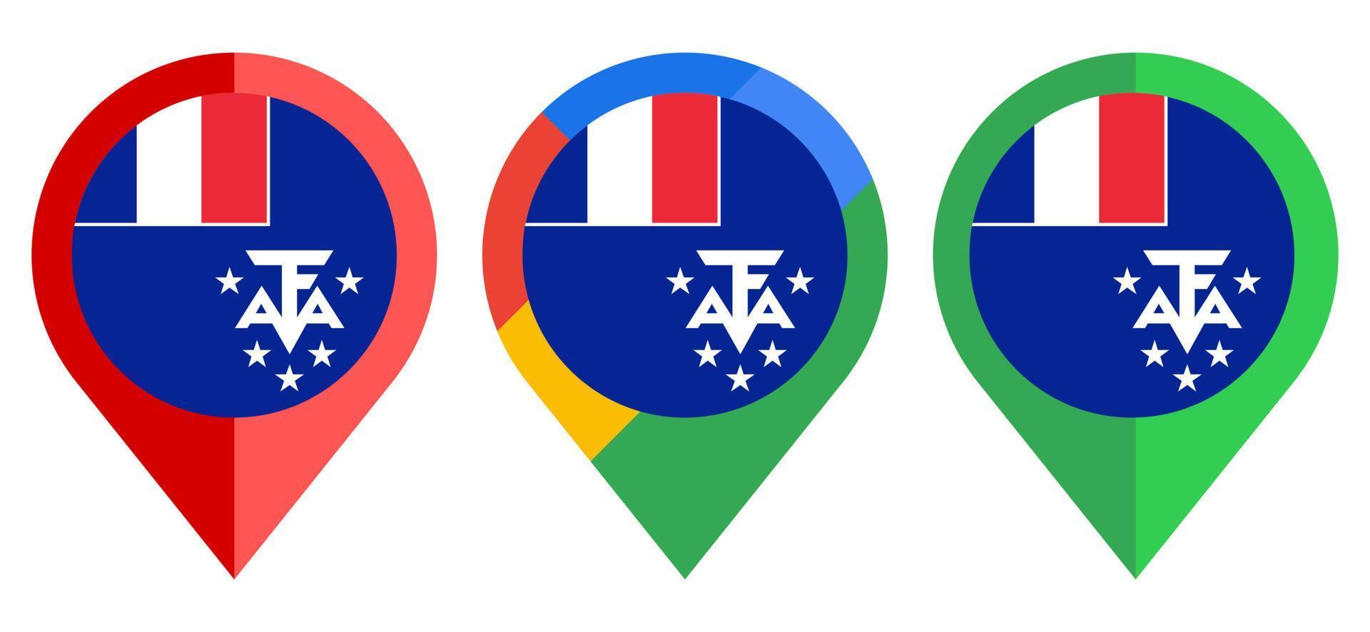 Flaches Kartenmarkierungssymbol mit französischer Süd- und Antarktislandflagge isoliert auf weißem Hintergrund vektor
