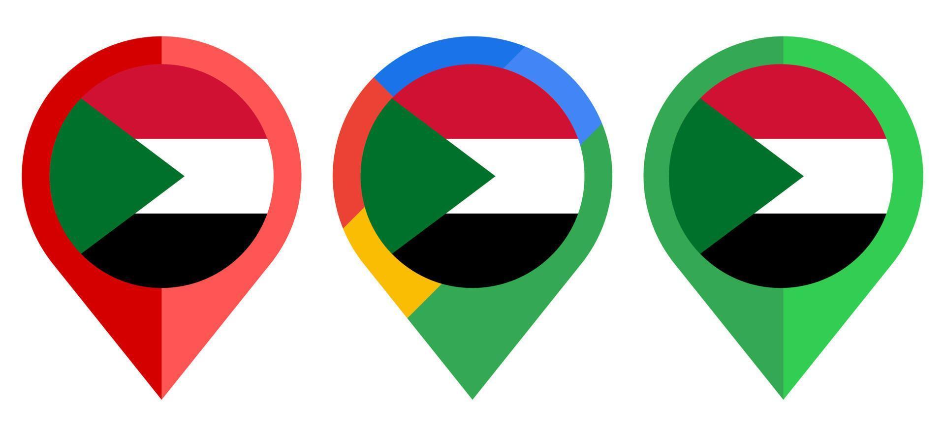 platt kartmarkör ikon med Sudan flagga isolerad på vit bakgrund vektor