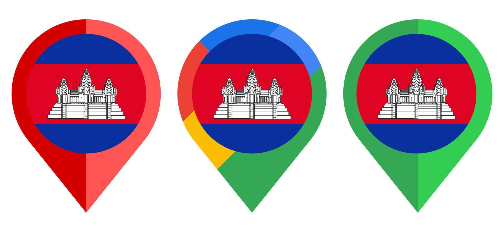 flaches Kartenmarkierungssymbol mit Kambodscha-Flagge isoliert auf weißem Hintergrund vektor