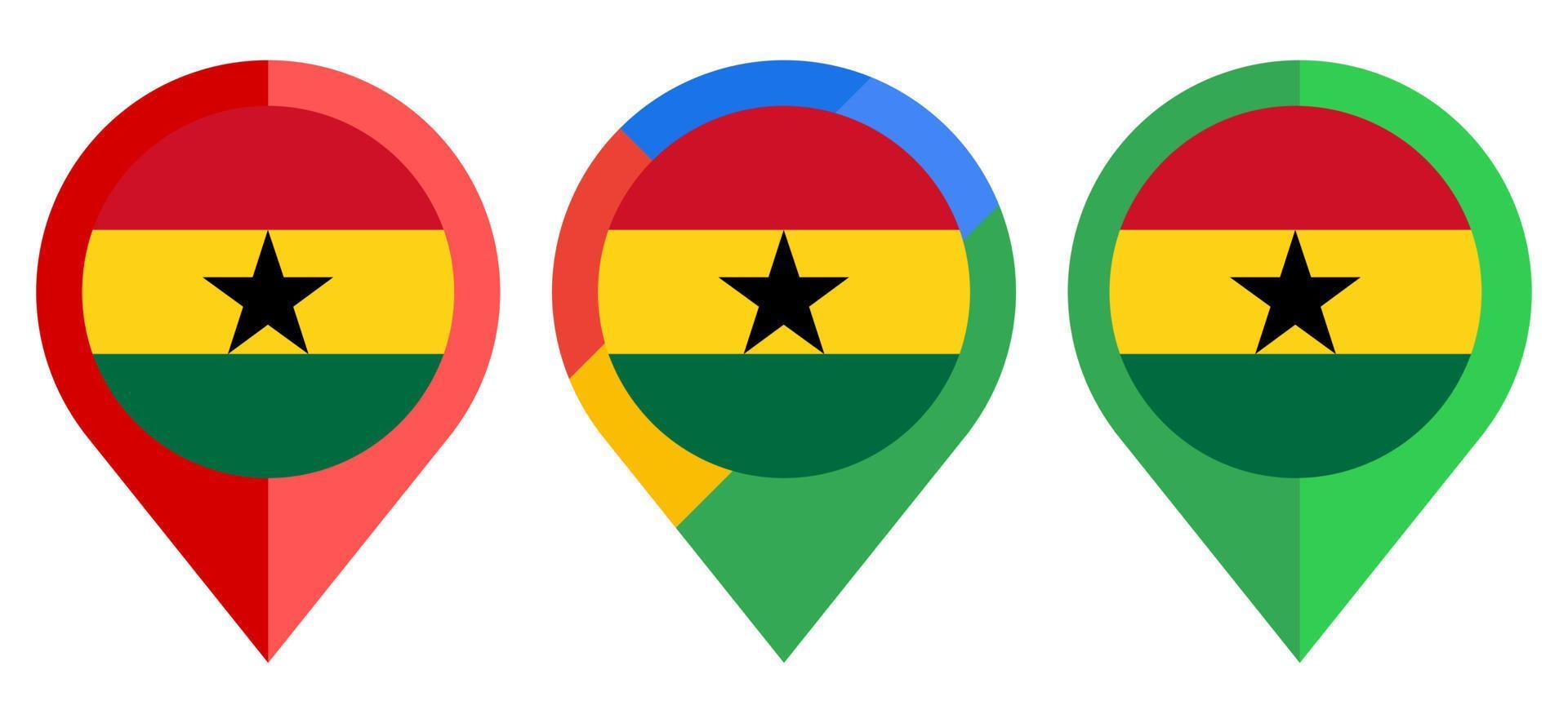Flaches Kartenmarkierungssymbol mit ghanaischer Flagge isoliert auf weißem Hintergrund vektor